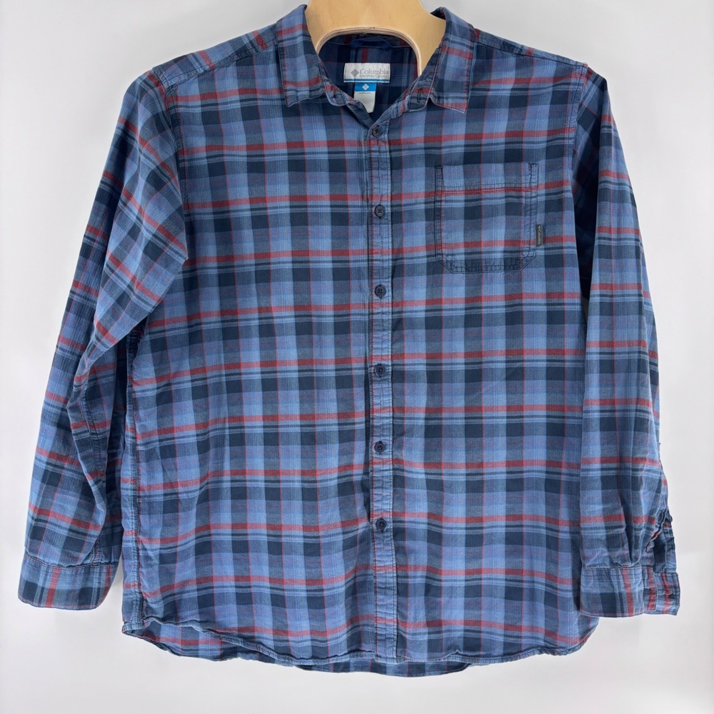 Columbia Plaid Button Down Shirt Mens 2XT Blue Red Long Sleeve Flannel‎ Cotton